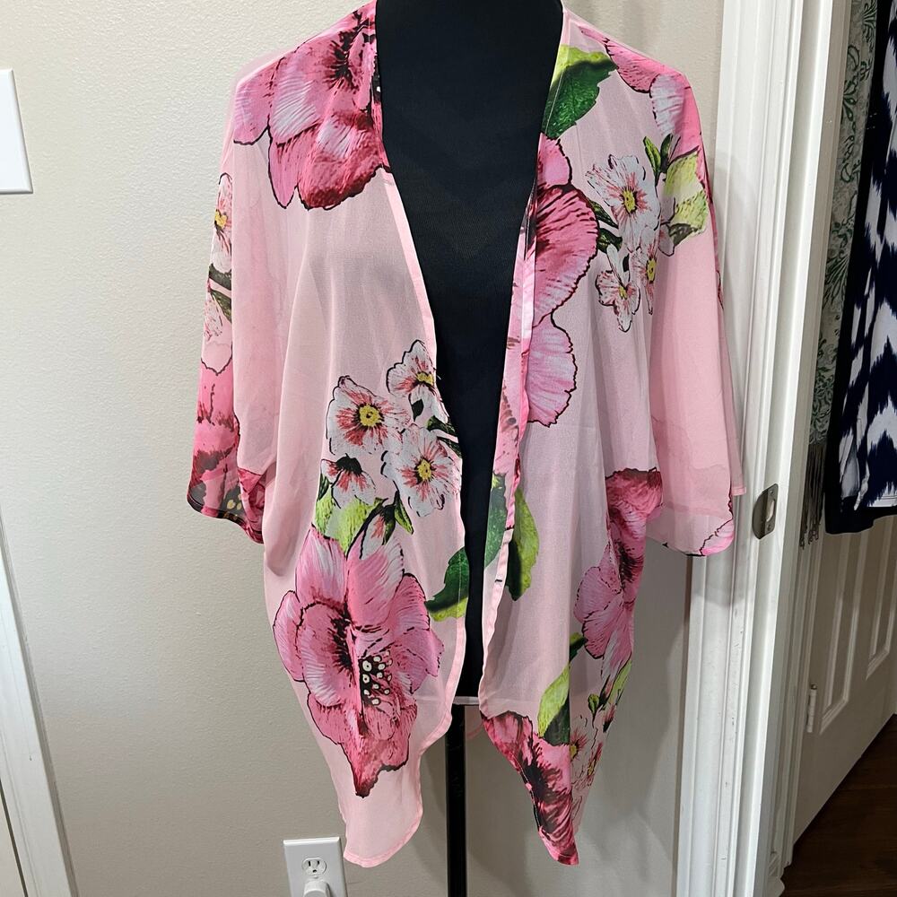 Women’s Size Large Pink Floral Cover Sheer Layering Open